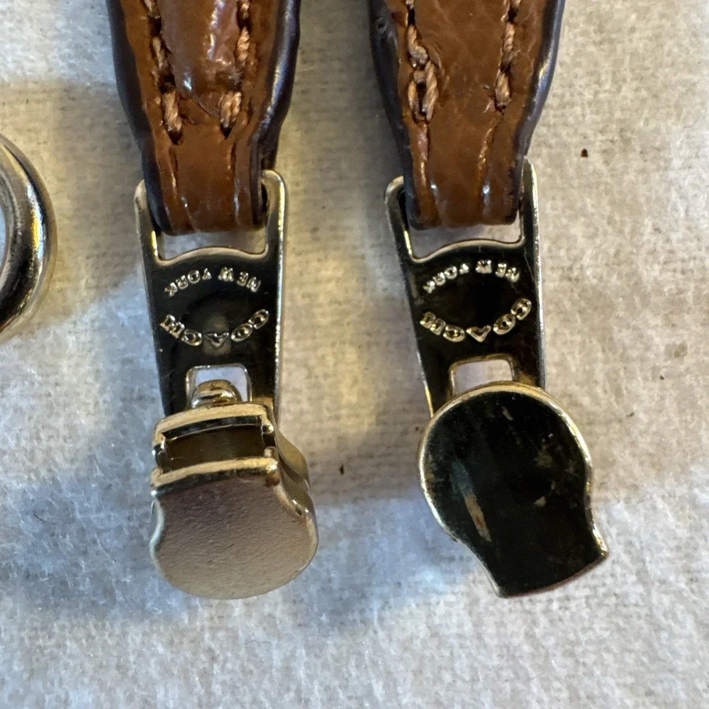 2 Coach New York Gold Tone Brown Leather Replacement Zipper Pull & Slide & Ring